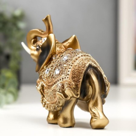 Souvenir Polystone "Elephant in the Golden Popone with Crystals" 13.5x12.5x5.5 cm-3