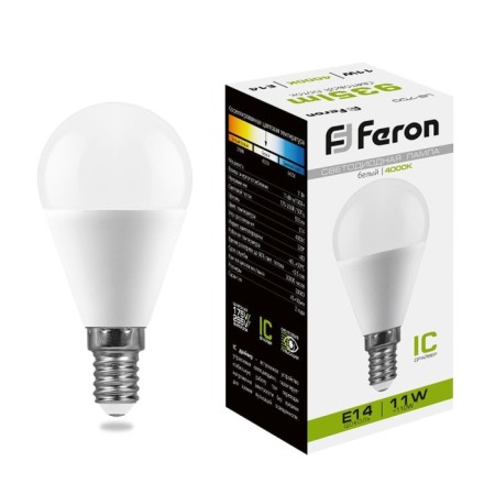 LED LED Feron, G45, 11 W, E14, 840 lm, 4000 K, 220 °, 92x45, day white