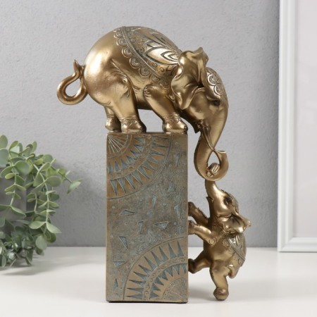 Polystone souvenir "Elephant with a baby on a column with patterns" Bronze with a patina 20x9x28 cm-3