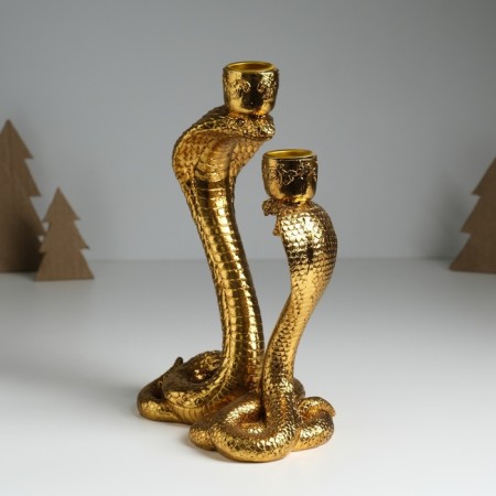 Polystone candlestick for 2 candles "two royal cobra" gold 14.5x10.5x21.2 cm-2