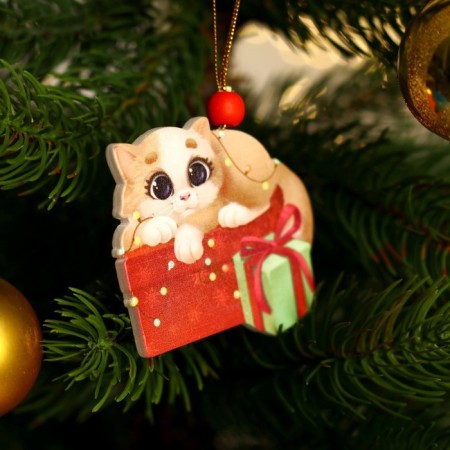 New Year's Wooden Suspension "New Year! Cat with a gift "-3