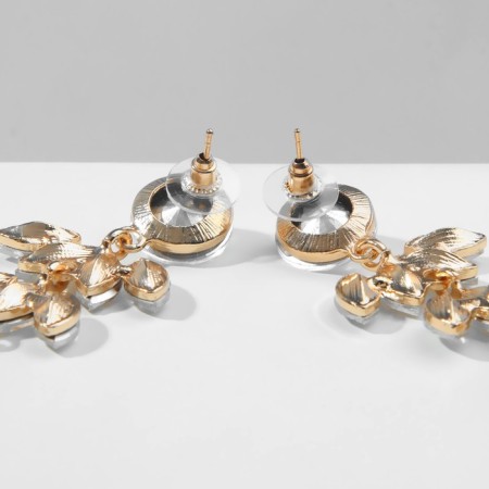 Hanging earrings with rhinestones "bun" deciduous, white color in gold, 9.5 cm-1