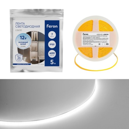Feron 5 m, IP20, COB LED strip, 400 LED/m, 7 W/m, 12 V, glow cold white