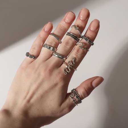 A set of rings 13 pieces of “Assorted” flowers, snake, size mix, color black silver-2