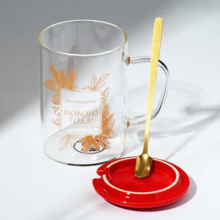 Glass mug with a spoon and a lid of the "Magic New Year", 470 ml-5