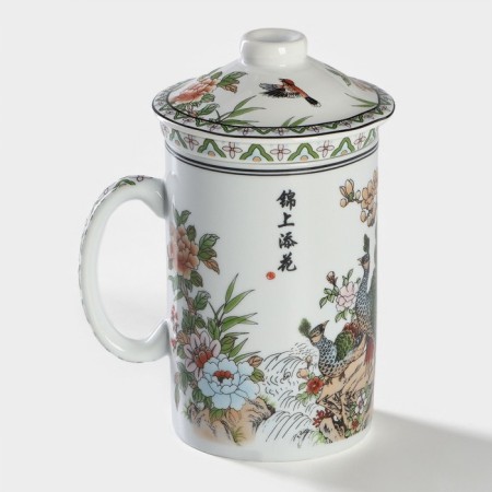 Ceramic mug with a lid and sieve "Flowers", 300 ml, white color-1