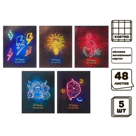 A set of notebooks of 5 pieces, 48 ​​sheets in the Calligrata "Neon" cage, covered cardboard, offset unit-1