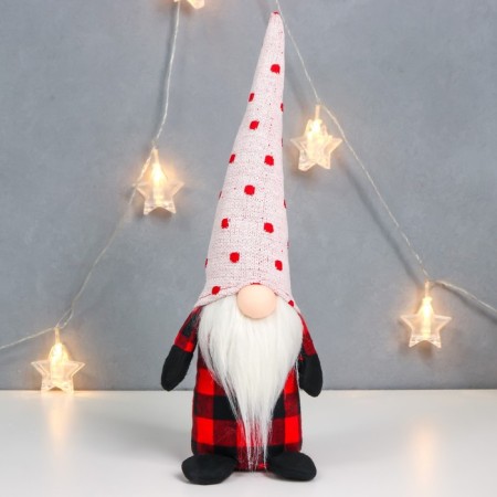 Interior doll "Grandfather Frost in a checkered caftan, a cap in peas" 40x15x8 cm