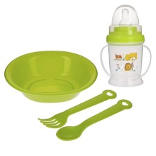 A set of children's dishes, 4 items: bowl, spoon, fork, bottle 200 ml, MIX color
