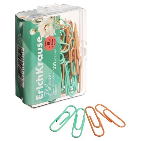 Office paper clips 28 mm, 100 pcs, Erichkrause "Pastel Bloom", with vinyl coating, plastic boxing, mix