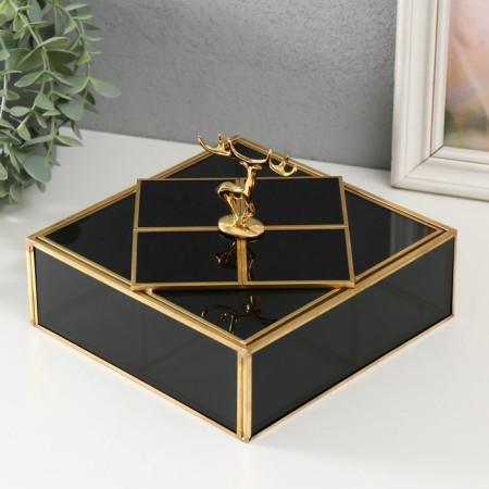 Casket Glass with a metal frame "Golden Deer" Square Black 17.2x18.2x12.8 cm-2