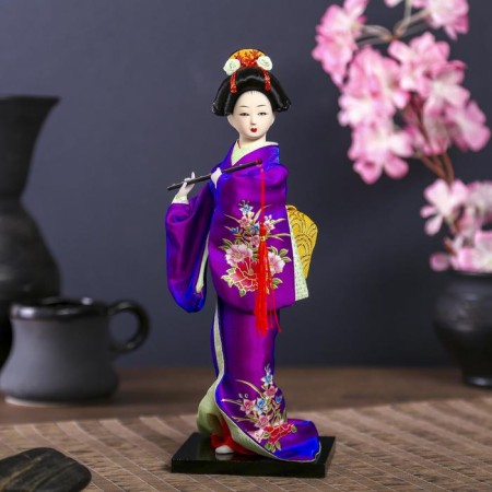 Collector doll "Japanese in a purple kimono with flute" 25x9.5x9.5 cm
