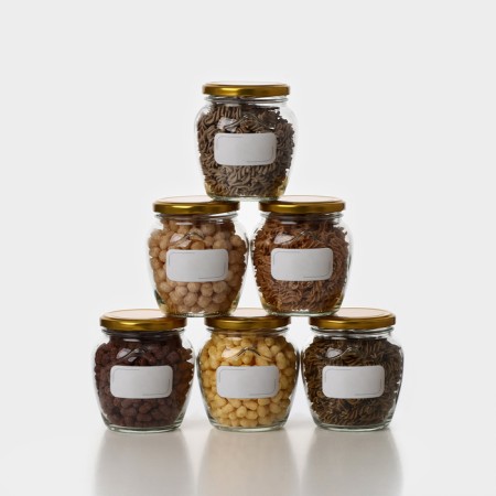 A set of glass cans with a golden lid and label, TO-82, 0.55 l, 6 pcs