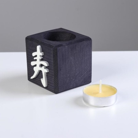 Candle in a wooden candlestick "Cube, hieroglyphs. Longevity", Eben, aroma of mango-1