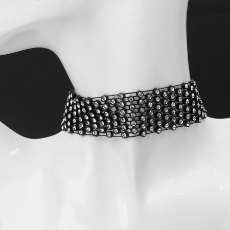 Choker "Power" with rhinestones, white color in black, l = 32cm