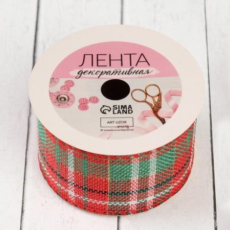 Ribbon from jute "Cell", 50 mm, 4.5 ± 0.5 m, red/green color-2