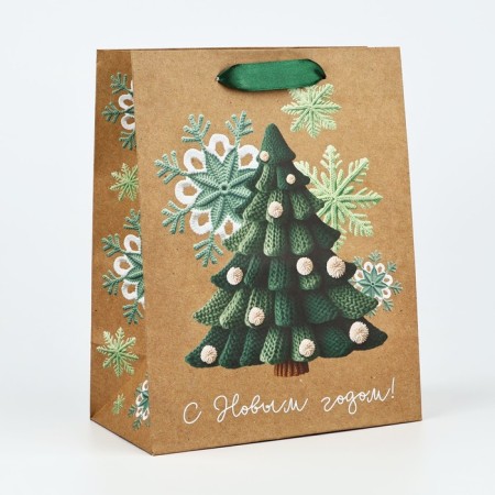 Package Gift New Year's Craft vertical “Happy New Year”, Christmas tree, MS 18 x 23 x 10 cm, New Year-1