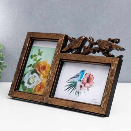 Photo frame Plastic in 2 photos 10x15 cm "Birds on a branch" Bronze 17.5x29.5 cm-1