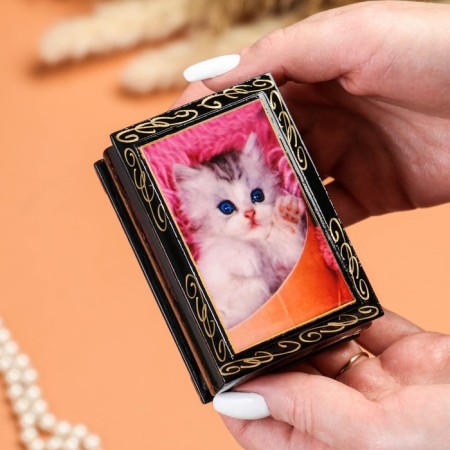 Casket "White kitten on a pink blanket", 6 × 9 cm, lacquer miniature-2