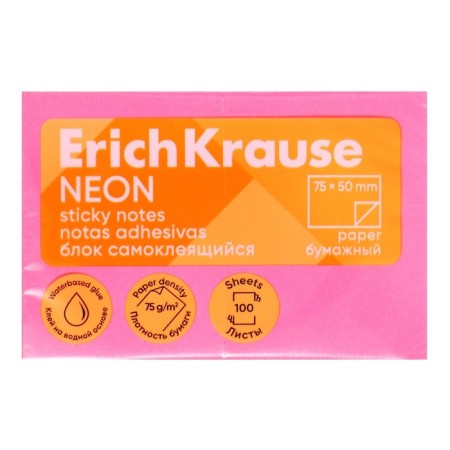Block with a sticky edge paper 75x50 mm, Erichkrause "Neon", 100 sheets, pink-1