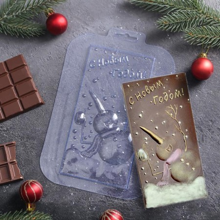 The form for chocolate and sweets is plastic “Happy New Year. Snowman ", 17 × 8.5 cm, transparent color