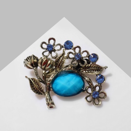 Brooch "Oliva" with flowers, the color of blue-blue in black bronze
