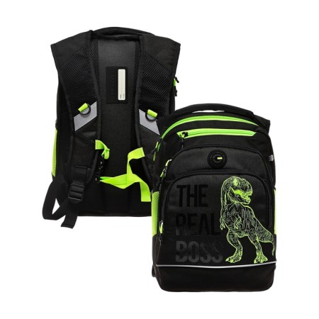School backpack, 40 x 25 x 22 cm, Grizzly, ergonomic back, laptop compartment, black/green