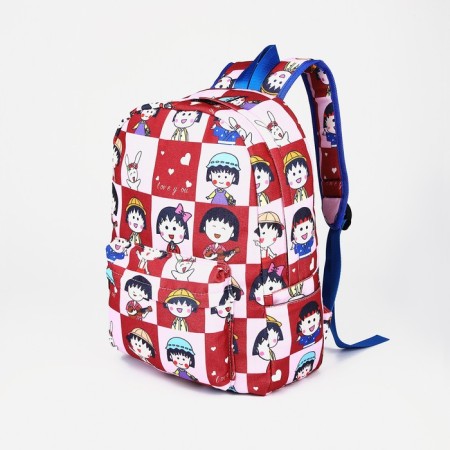 School backpack from textiles with a zipper, 3 pockets. The color is red