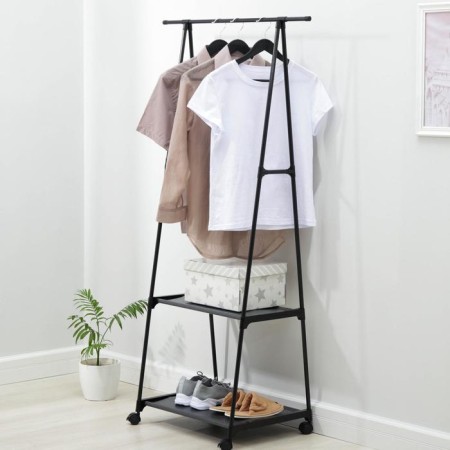 Clothing stand with 2 shelves, 55 × 42 × 160 cm, black color