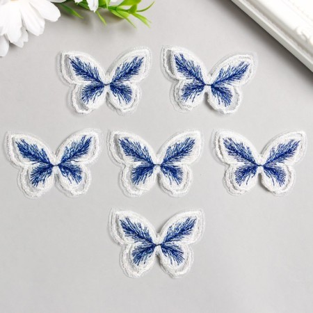 Decor for creativity Textile Embroidery "Blabochka White-blue" double wings 3.7x4.5 cm-1