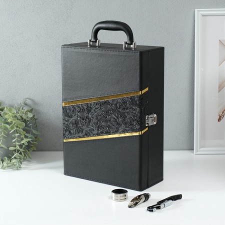 Casket wood, leatherette for 2 bottles "Vintage" 3 objects 11.5x26x37 cm