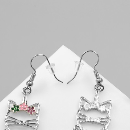 Emall earrings "cat" with leaves, colored in silver-1