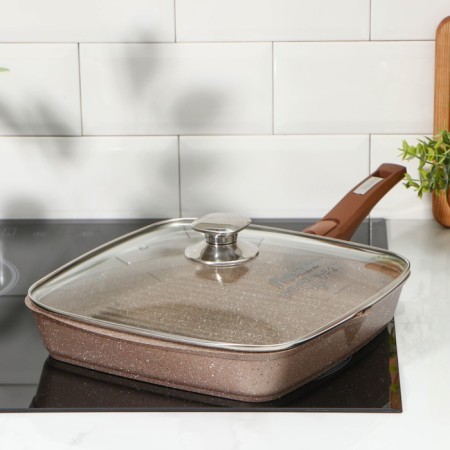 Granite Graporal Granite, square, 28 × 28 cm, removable handle, glass cover, anti-stick coating, brown color-7