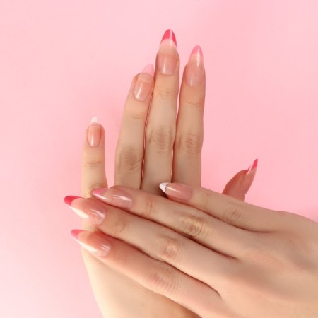 Frolling nails "colored jacket", 24 pcs, adhesive plates, almond shape, glossy pink/white color-6