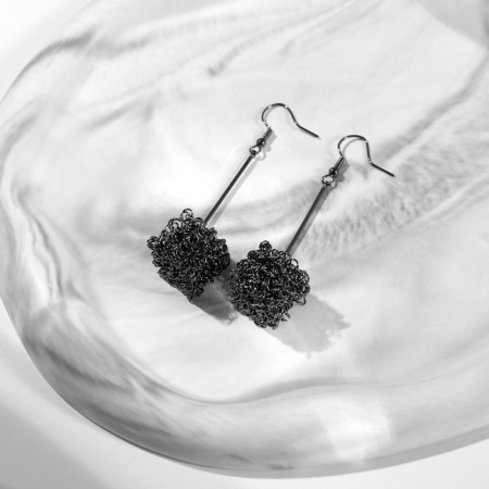 Earrings "Square" voluminous, gray color, 7.5 cm-4