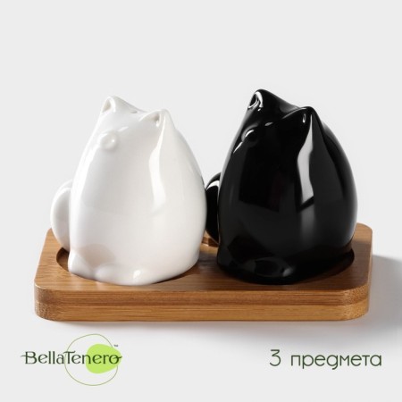Porcelain set for spices on the bamboo stand Bellatenero “cats”, 3 objects: solo, pipe, stand, white and black color