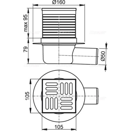 Alcaplast APV31, 105 × 105/50 mm, side drain, combined waterproof, 105/50 mm-1
