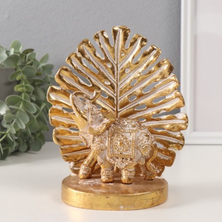 Souvenir Polystone "Golden Elephant at the Palm Leaf" 14.5x9x17.5 cm