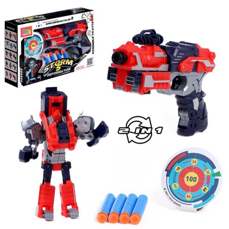 Blaster robot, transforms, shoots soft bullets