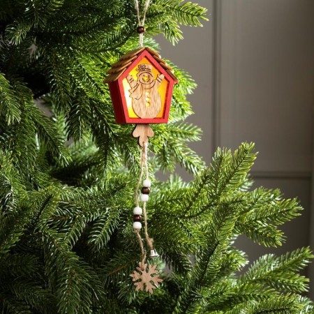Christmas tree toy "House with a snowman", from batteries, a glow of warm white