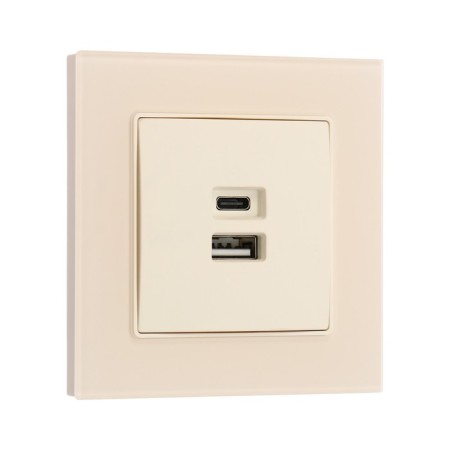 Socket with USB-A + usb-C connectors, 2.1 A, 5V, TOT MATTE GLASS, hidden, glass, beige-1