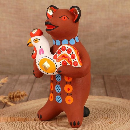 Dymkovo toy "Bear with a flower, with a rooster, with harmony", 11 cm, mix-10