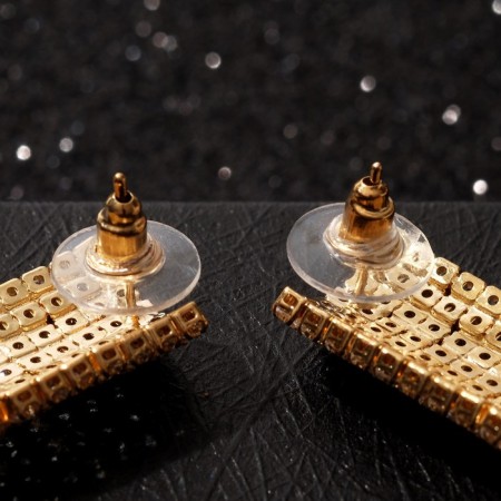 Hanging earrings with rhinestones "Waterfall" mini square, white color in gold, 14 cm-1