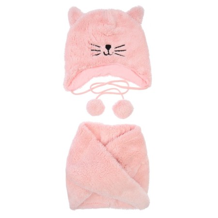 Children's Knitted kit for girls: hat and snood, size 46, light pink color