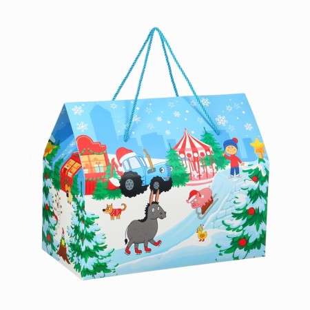 Package-Korobok, New Year's "Fun New Year!", 37 x 33 x 20 cm, blue tractor-2