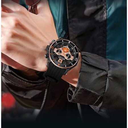 Watch of wrist, d-5.1 cm, waterproof, chronograph, silicone strap, luminous, black-1