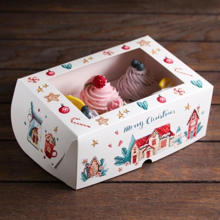 Packaging for 6 cupcakes with a window "Christmas House", 25 x 17 x 10 cm-2
