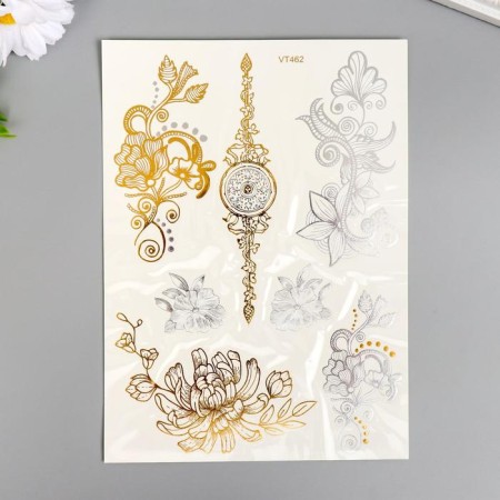 Tattoo on the body gold/silver "Flowers" 21x15 cm