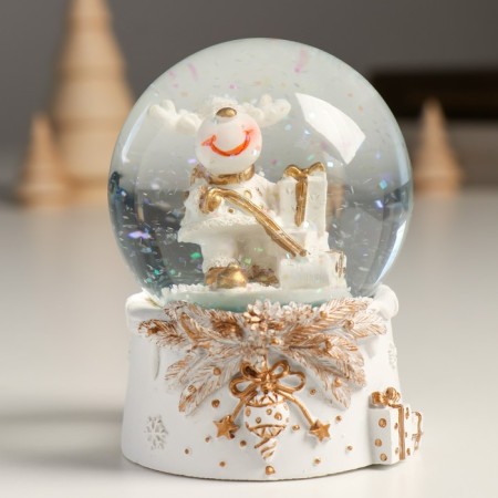 Souvenir Polystone Water Ball "Losik with a gift" White with gold 7x8x9 cm-5