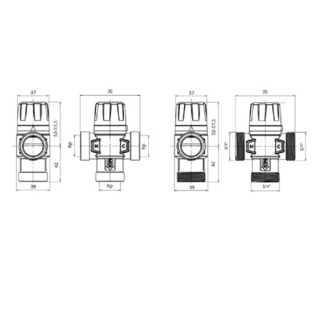 Thermostatic valve Rommer RVM-0122-166020, mixing, 3/4 ", HP, 35-60 ° C, KV 1.6-1